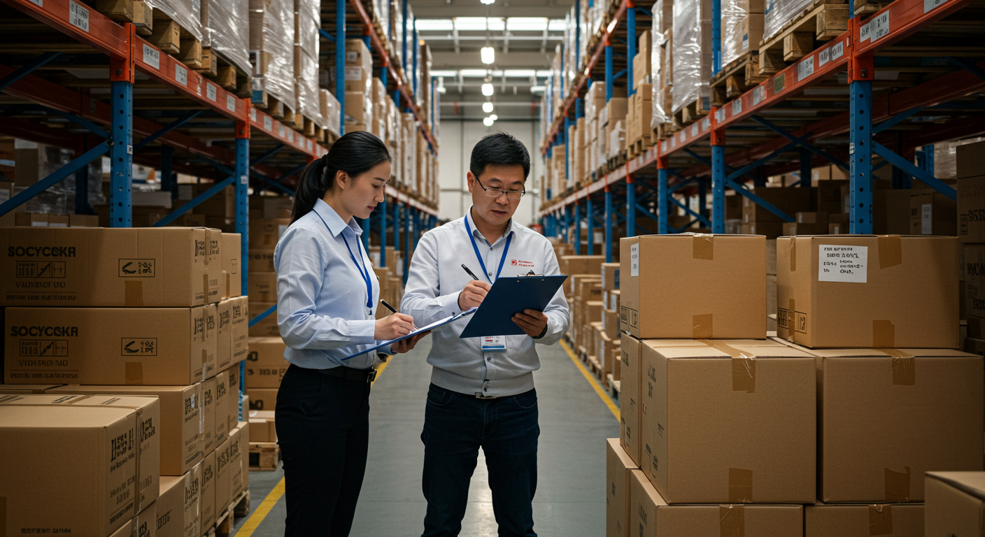 Иностранный покупатель среди неразмеченных коробок в китайском складе с рисками покупки.